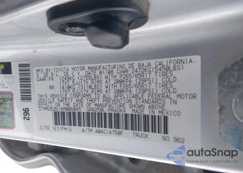 2008 Toyota Tacoma Base V6 z USA, uszkodzony, nr VIN 3TMMU52N18M006085